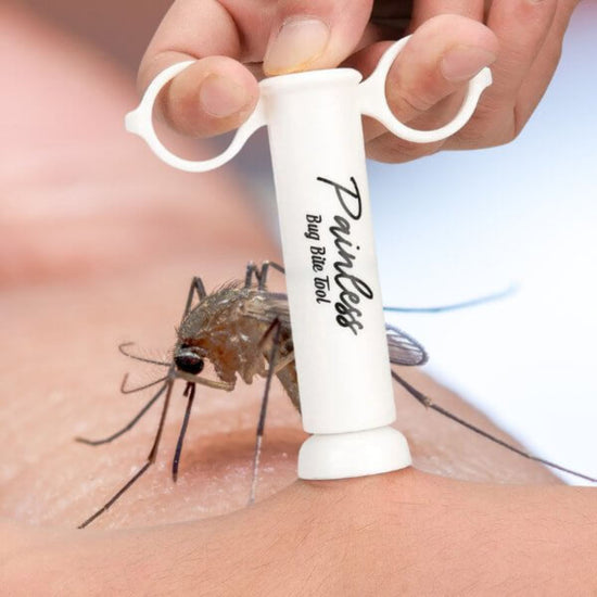 Painless Bite Relief Extractor being used on a mosquito bite for instant relief and itch reduction