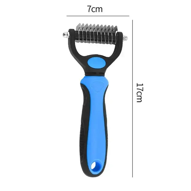 Blue brush for dogs with double coating, small dimensions, white background.