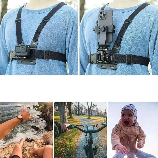 Person demonstrating phone holder for chest and GoPro chest mount, capturing first-person perspective footage while walking, biking, and playing with baby.