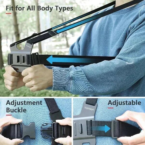 Adjustable Vamson phone holder for chest with adjustment buckle, suitable for all body types, ideal for capturing POV footage.