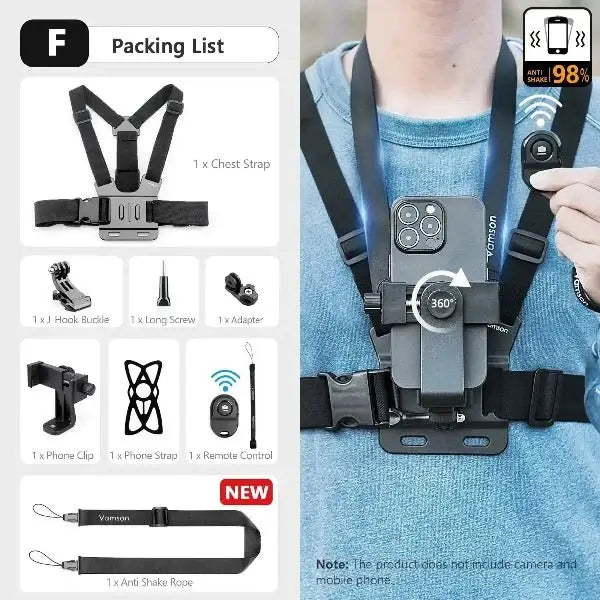 Vamson Phone Chest Strap Mount VP203 with accessories, showing immersive POV filming setup for smartphones