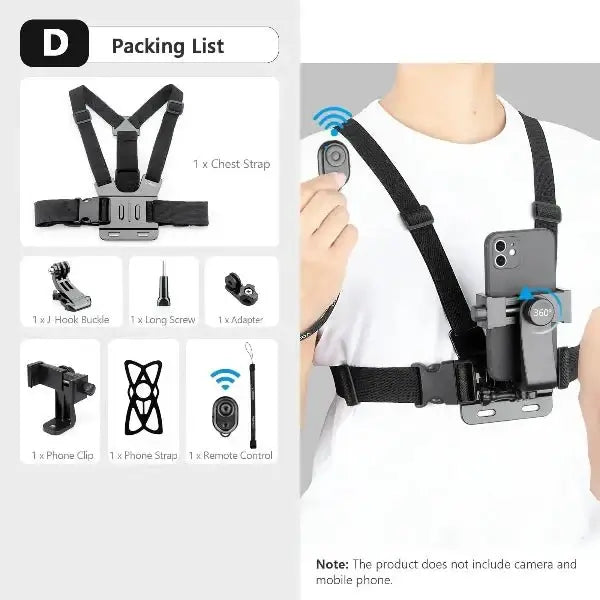 Vamson phone holder chest strap with packaging list, VP203 model, perfect for capturing immersive POV, compatible with multiple devices.