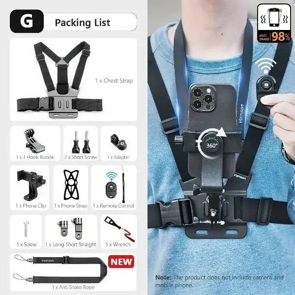 Vamson phone holder for chest with packing list, chest strap, phone clip, and remote control. Ideal for immersive POV footage and vlog.