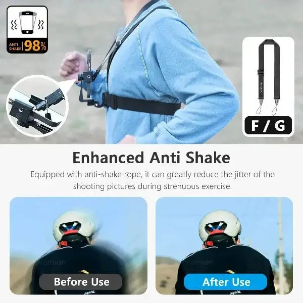 Man using Vamson Phone Chest Strap Mount for stable POV footage, showcasing enhanced anti-shake features, with before and after comparison