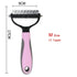 Pink grooming dog brush with measurements, large size, white background.