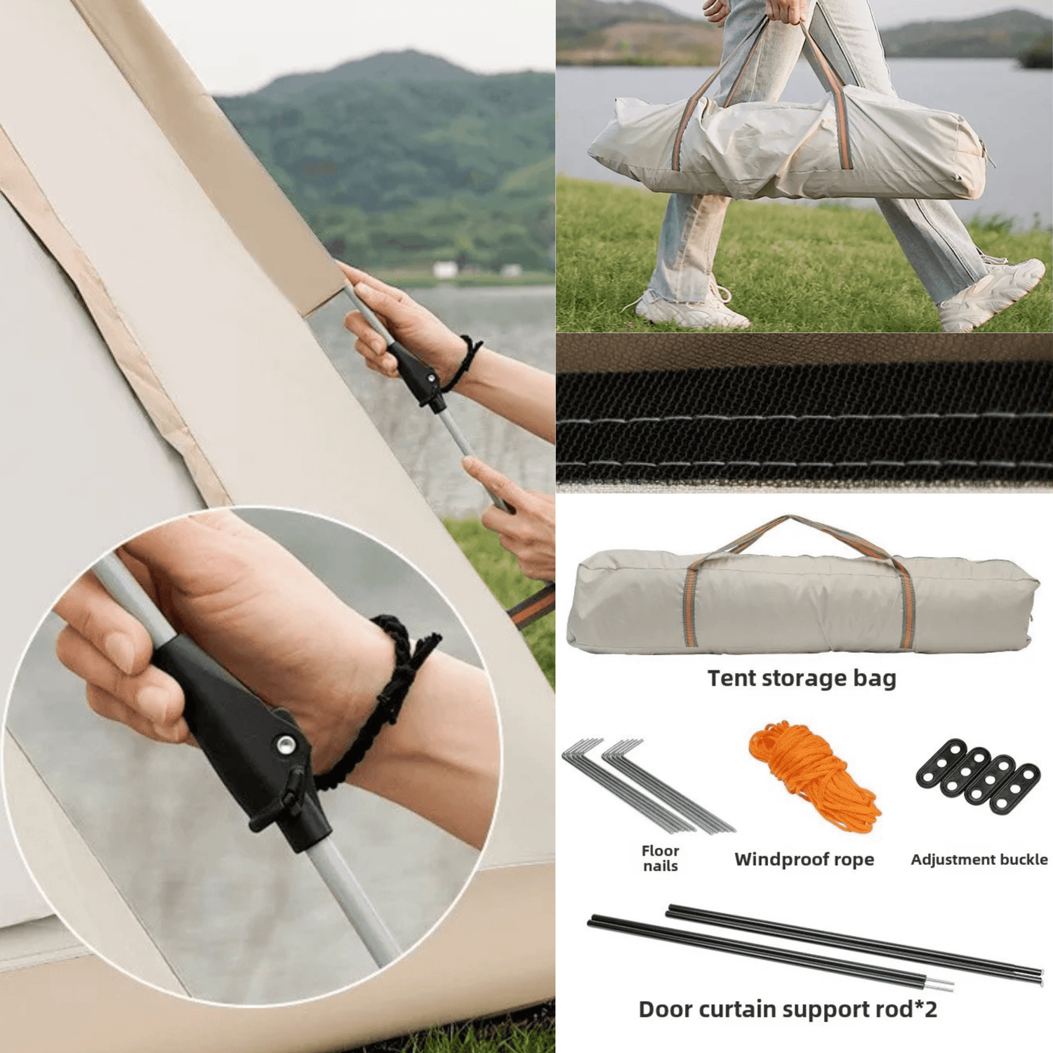 Pop-up screen tent for camping setup details, including storage bag, support rods, and assembly components.