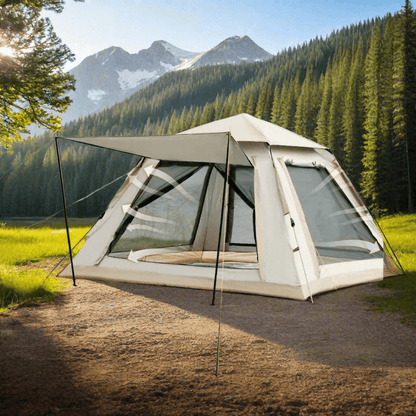 
easy pop-up screen tent, 4-person waterproof shelter set up by a lake, showcasing easy setup and spacious design.
