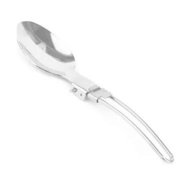 Stainless steel foldable camping spoon from portable cutlery set. Ideal outdoor tableware for camping, hiking, and backpacking.