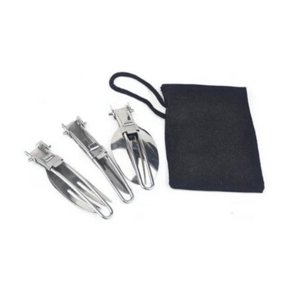 Portable foldable stainless steel camping cutlery set with spoon, fork, knife, and a black pouch for outdoor meals and hiking.