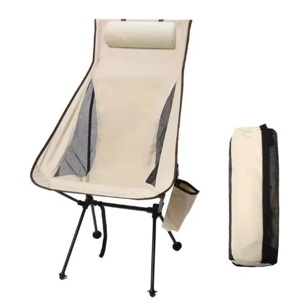 Beige folding camping chair with a small pocket and chair bag, made from 600D cationic fabric for lasting outdoor comfort.