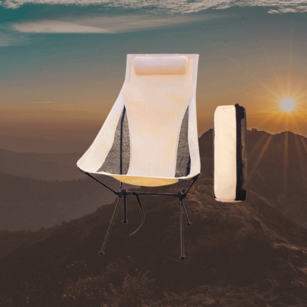 Portable folding camping chair in beige, with chair bag, crafted with aluminum alloy frame and 600D cationic fabric with sunset background.