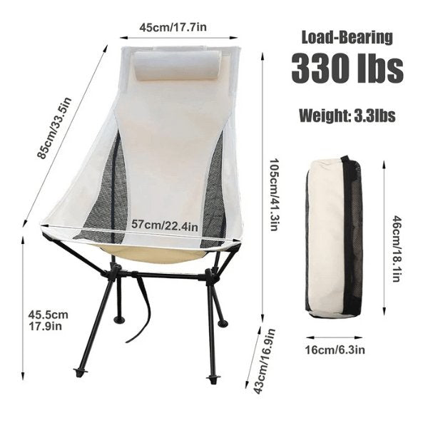 Beige folding camping chair with measurements, and chair bag, designed for easy portability and durability.