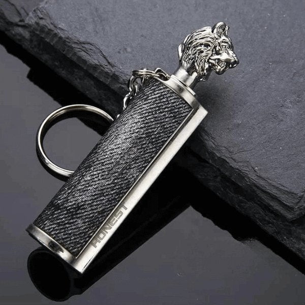 Portable Immortal Stick Lighter with lion head design, keychain flint lighter for camping, hiking, and outdoor activities. Waterproof and durable.