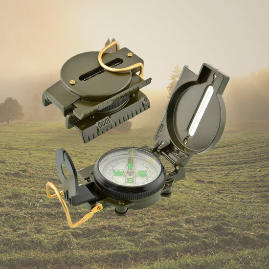 military compass with luminous dial, integrated bubble level, magnifying view, and liquid-filled for stability and accuracy.