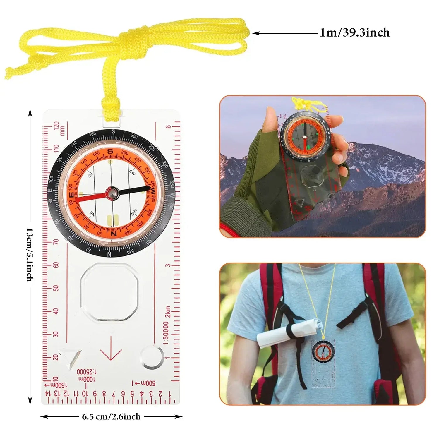 Portable military compass with luminous dial, bubble level, magnifying view, held by camper in mountain terrain, perfect for survival and camping activities.