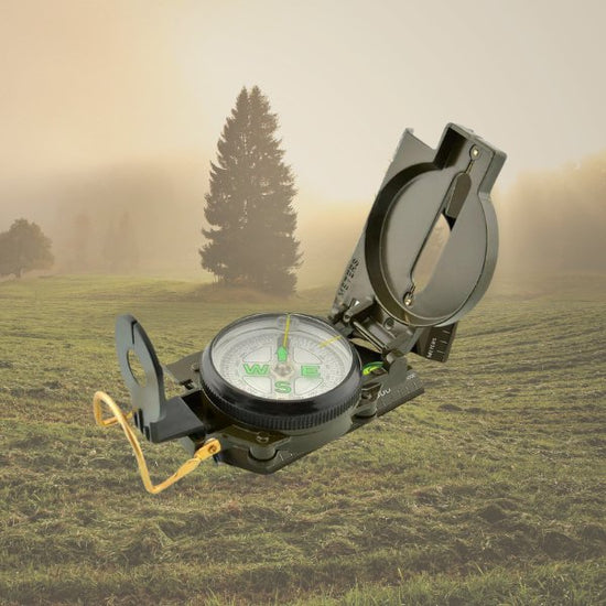 military compass with luminous dial, integrated bubble level, magnifying view, and liquid-filled for stability and accuracy.