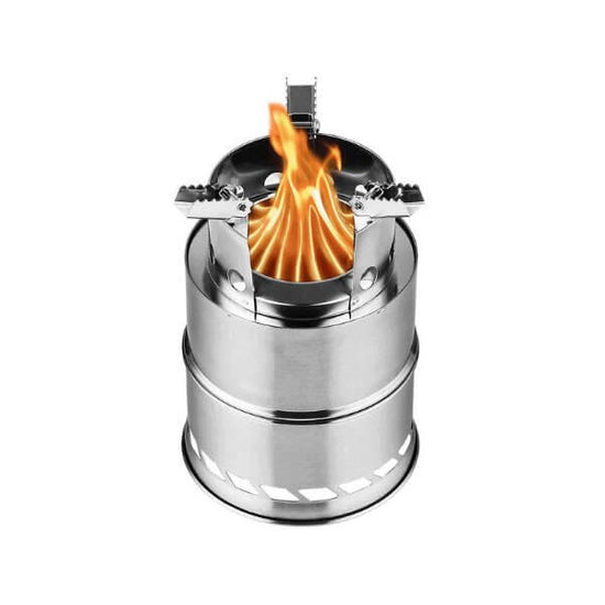 The best round stainless steel camping wood-burning stove has an innovative gasification design for tents and backpacking, featuring a robust flame.