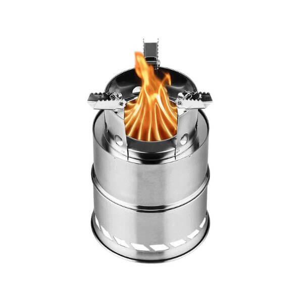 Portable stainless steel camping wood burning stove with a smart gasification design for tents and backpacking, featuring a robust flame.