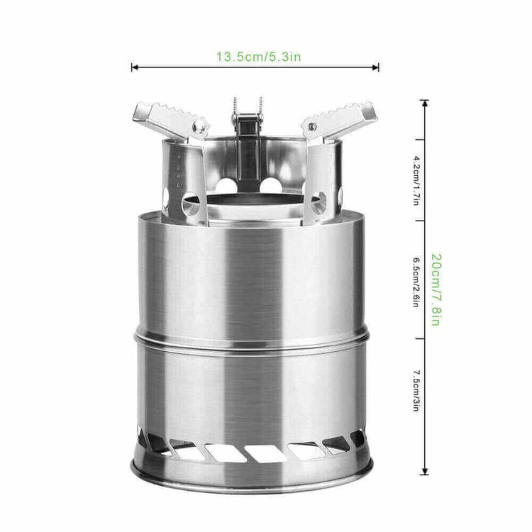 Portable stainless steel camping wood burning stove with smart gasification design and dimensions shown.