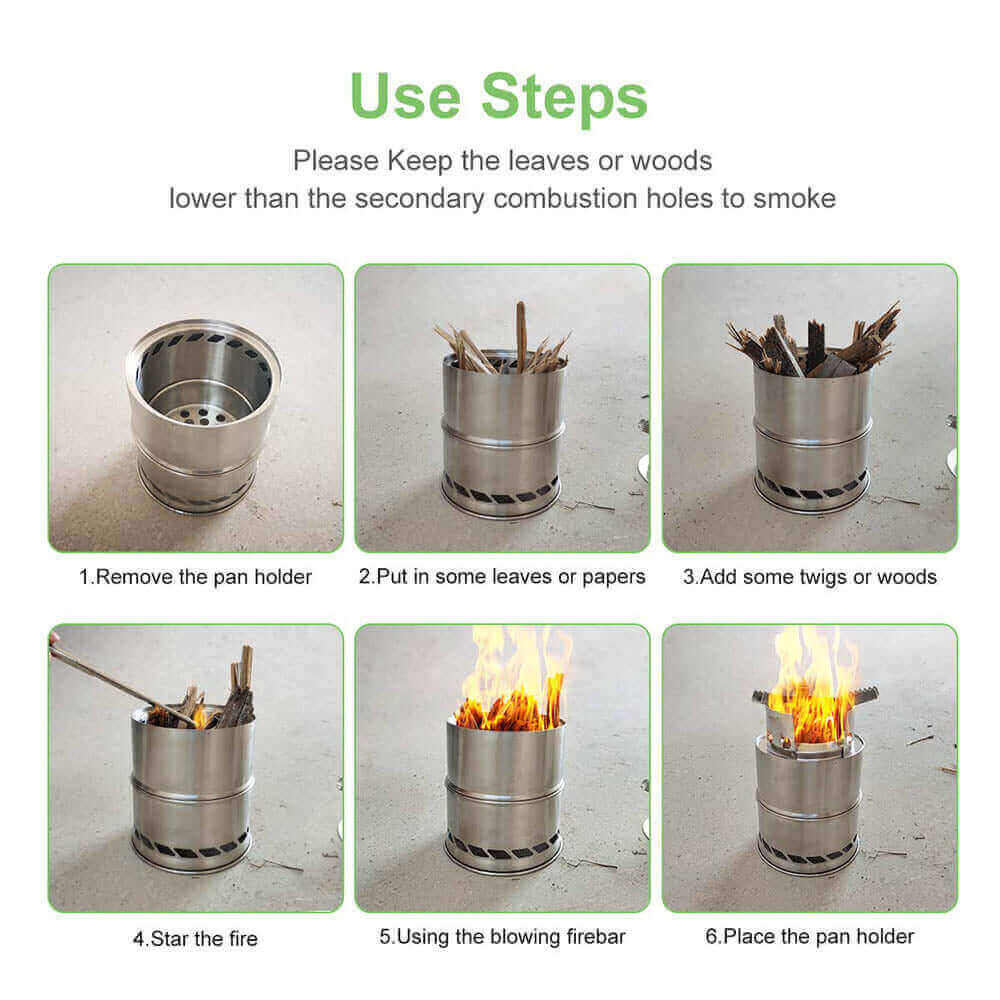 Step-by-step guide to using a portable stainless steel wood burning stove for camping, shown in six instructional images