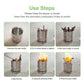 Step-by-step guide to using a portable stainless steel wood burning stove for camping, shown in six instructional images