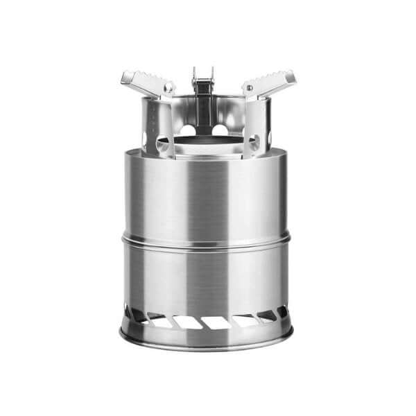 Portable stainless steel camping wood burning stove with smart gasification design for tents and backpacking.