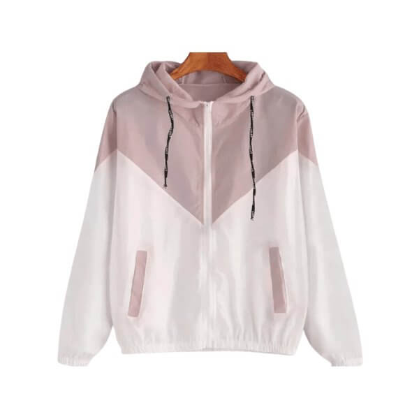 Quick Dry Women Hooded Jacket Windbreaker in Pink and White, perfect for rainy or windy days, featuring drawstring hood and zipper front closure