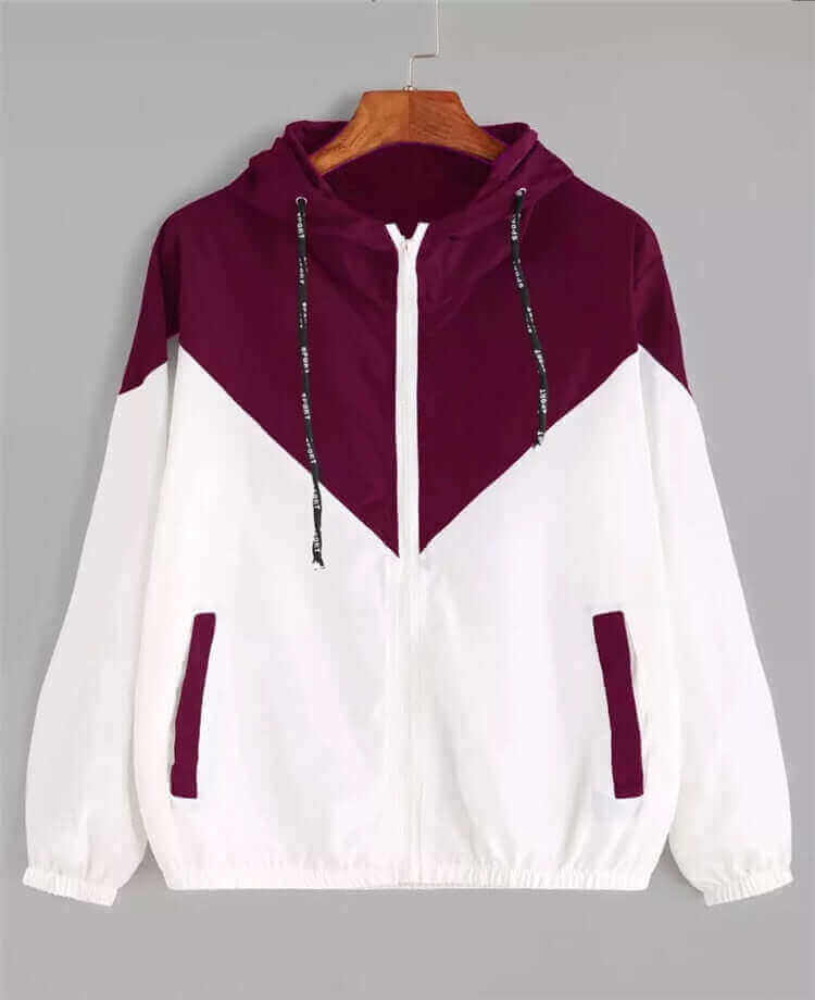 Quick Dry Women Hooded Jacket Windbreaker in maroon and white with drawstring hood and zipper front, perfect for juniors and teen girls