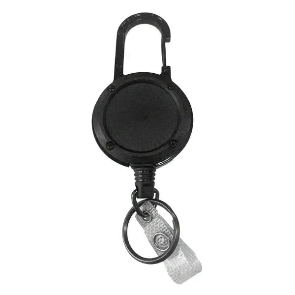 black round Anti-theft metal yoyo retractable keychain white background. 