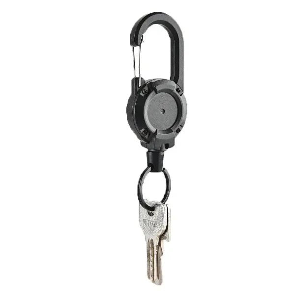 Heavy-duty retractable keychain with keys, featuring a strong steel wire cord, secure spring mechanism, and durable metal and ABS plastic construction