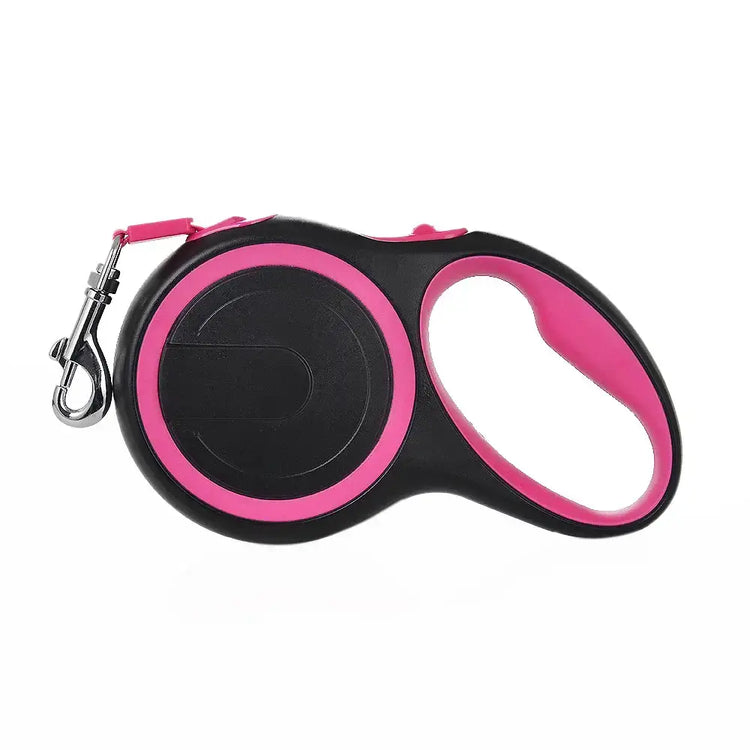 Heavy-Duty Extra Long Retractable Dog Leash with ergonomic anti-slip rubberized handle for large dogs, 26ft tape, black and pink design