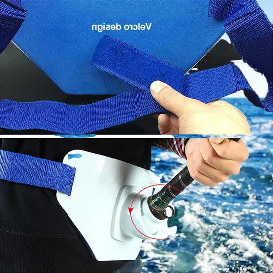 Saltwater fishing fighting belt waist support holder with adjustable strap, impact-resistant ABS plastic for angler and fly fishing.