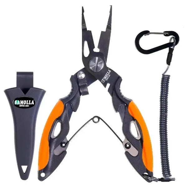 Multifunctional fishing pliers with ergonomic handle, split ring tip, and fish hook remover, featuring long coated stainless steel jaws.