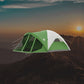 Screened camping tent for 6 people, sunset between mountains in the background.