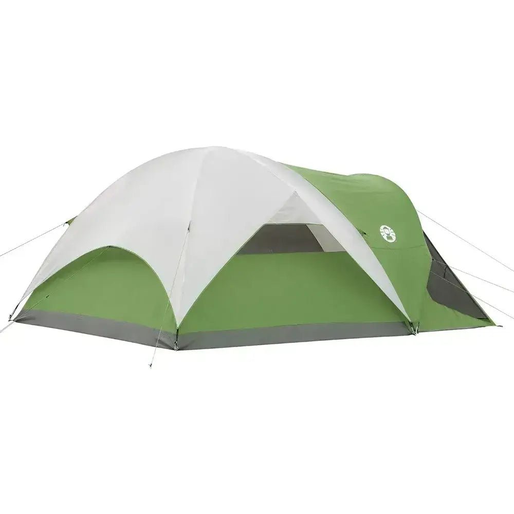 Screened camping tent for 6 people showing back of tent with top cover.