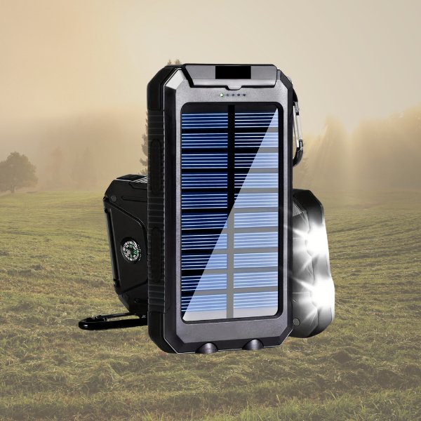 Solar Charger Power Bank 20000mAh charging two smartphones simultaneously with large capacity and fast-charging capability.