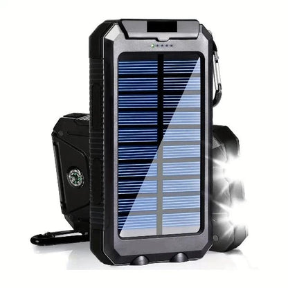 Compact 20000mAh solar charger power bank with dual fast charging, ideal portable iPhone battery charger and best solar powered cell phone charger.