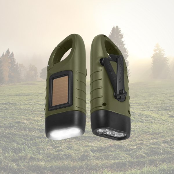 Hand crank solar powered rechargeable LED flashlight in olive green perfect for outdoor use, featuring a built-in solar panel.