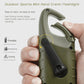 Green solar powered hand crank flashlight with quick buckle design, emphasizing the lightness of the lantern and hand crank handle.