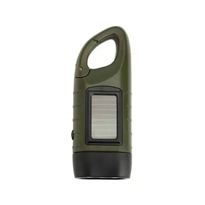 Hand crank solar powered rechargeable LED flashlight in olive green perfect for outdoor use, featuring a built-in solar panel.