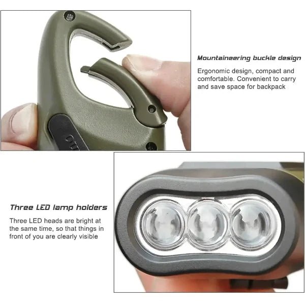 Close-up view of hand crank solar-powered rechargeable LED flashlight with mountaineering buckle design and three LED lamp holders.