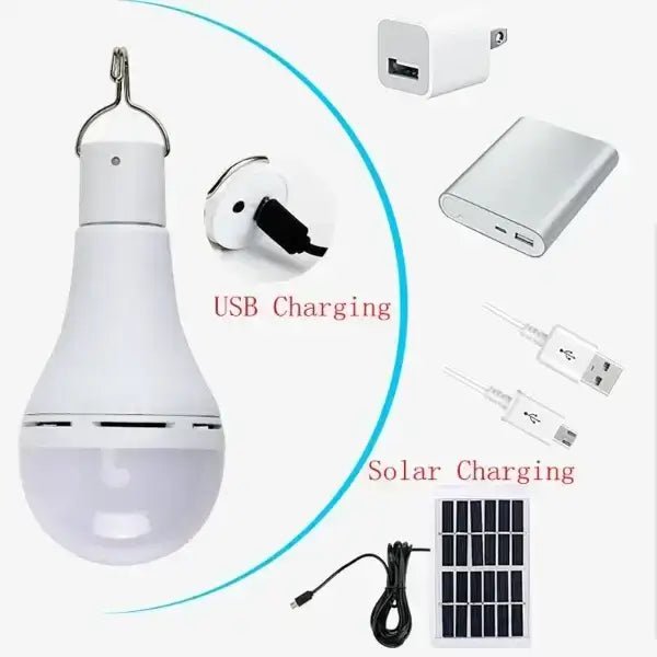 Multi-purpose solar lantern with USB and solar charging options, small solar panel, LED bulb, outdoor and indoor use, and remote control.