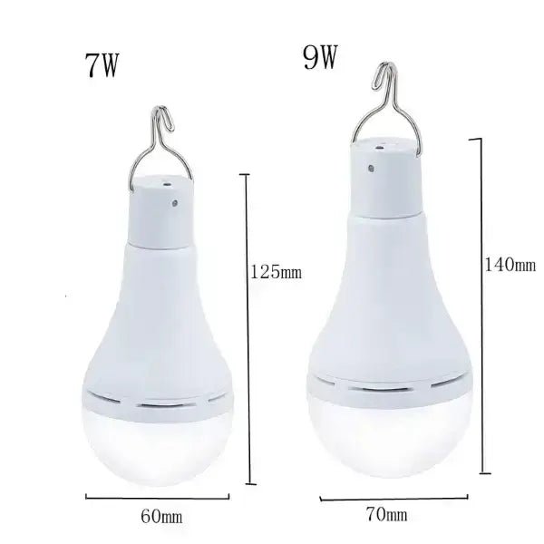 Comparison of 7W and 9W LED solar powered outdoor lights with dimensions shown for each lamp