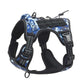 Blue camo tactical dog harness with adjustable metal rings and quick-release buckles for small and large dogs.