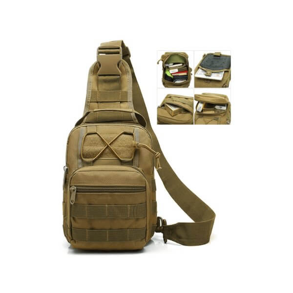 Outdoor Military Tactical Sling Shoulder Bag in brown color with multiple compartments, best sling bag for men, mini backpack purse, 600D Oxford fabric.