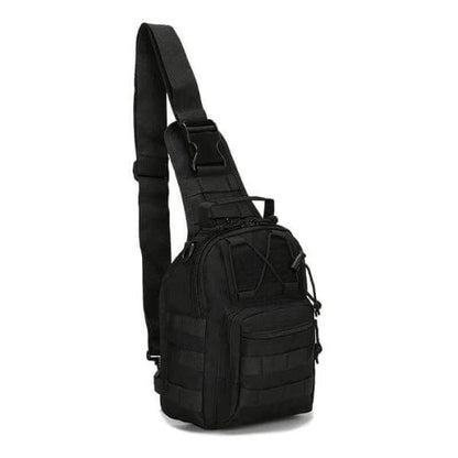 Black outdoor military tactical sling bag made from rugged 600D Oxford fabric, perfect for hiking and camping, shown with durable shoulder strap.