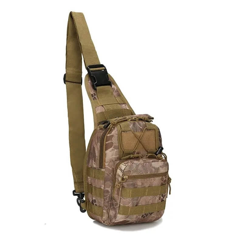 Outdoor Military Tactical Sling Shoulder Bag in camouflage pattern with rugged 600D Oxford Fabric, ideal for hiking, camping, and travel.