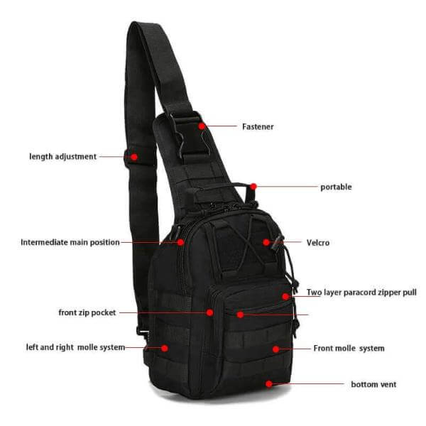 Black tactical sling bag with multiple compartments, Velcro, and MOLLE system for outdoor use; labeled features include fastener, zip pockets, and more.