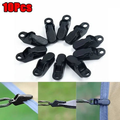 10 tarpaulin clips for camping tents with plastic clip buckles and wire rope clamps in black