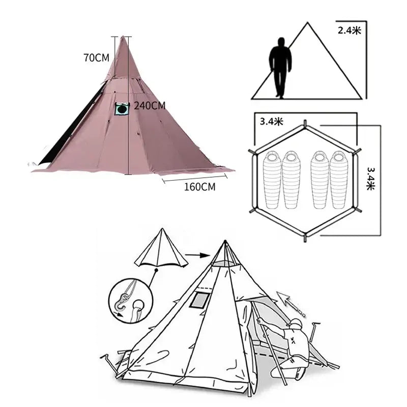 A line drawing depicting a pyramid-shaped tent with labeled dimensions and setup instructions, including a diagram of the interior layout with sleeping bags.